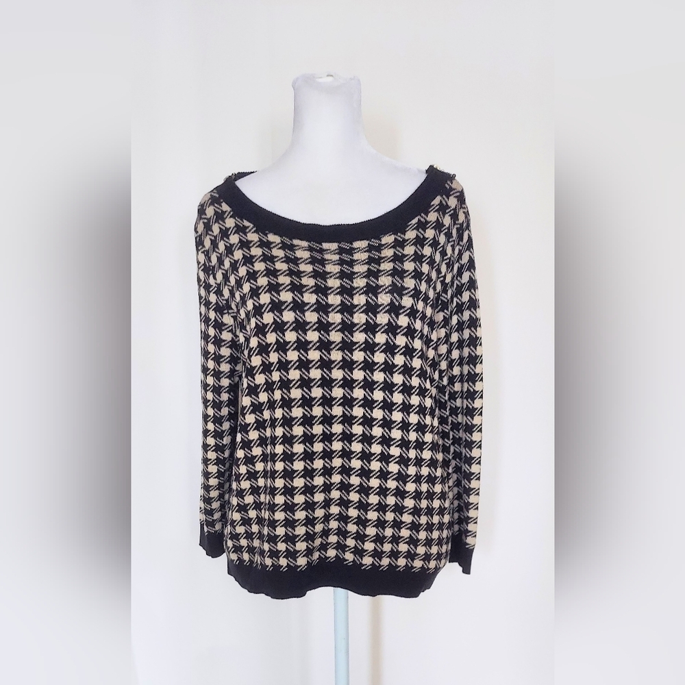 Joseph A Long Sleeve Zipper Accent Houndstooth Sweater Black Taupe Size Medium